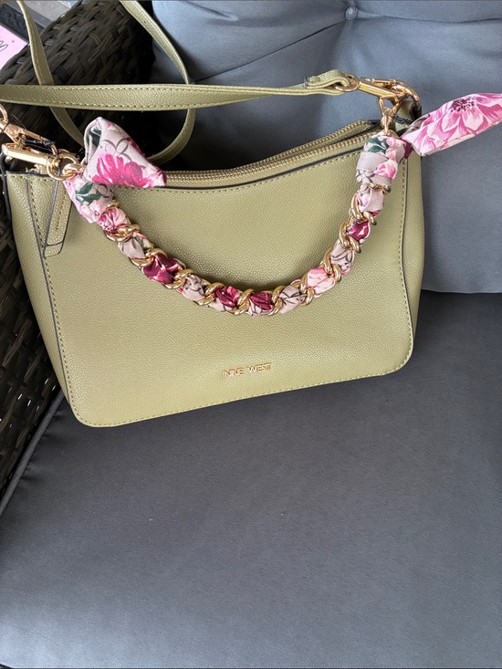 Nine West Handbags - Nine West Olive Crossbody with Pink-Patterned Scarf Chain